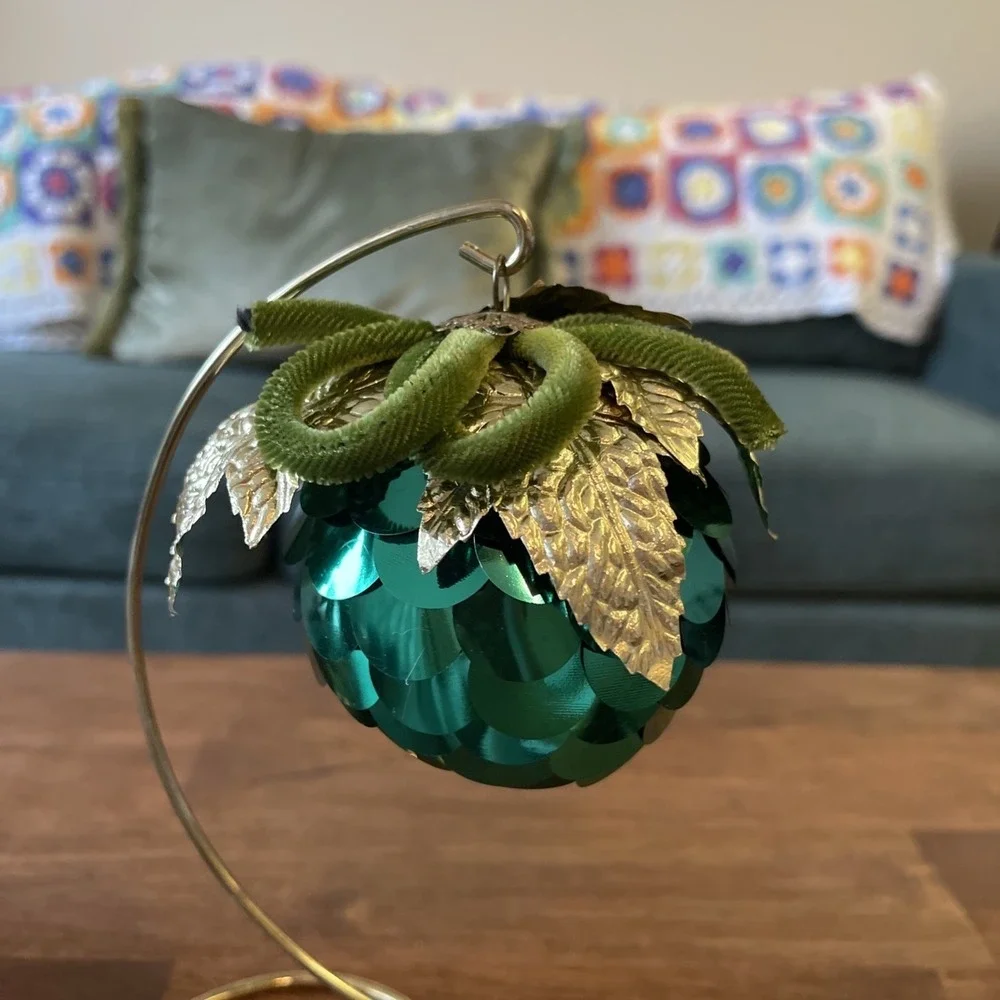 2 Handcrafted Push Pin Bead Sequin Satin Ball Christmas Ornaments Vtg Green Gold